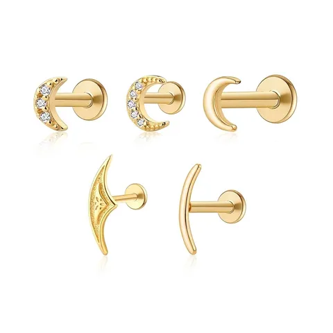 925 Sterling Silver Crescent Moon Cartilage Piercing Stud Earrings Minimalist Zirconia Labret Stud Screw In Body Piercing Jewelry for Unisex