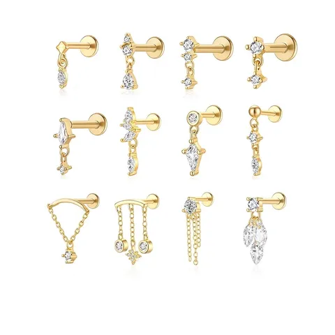 925 Sterling Silver Zirconia Cartilage Piercing Stud Geometric Tassel Chain Ear Bone Stud For Women Minimalist Jewelry