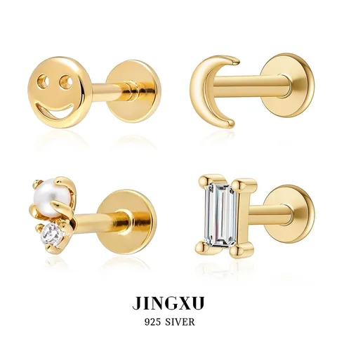 925 Sterling Silver Geometric Piercing Labret Stud Earrings Gold Rhinestone Artificial Pearl Crescent Moon Smiley Face Cartilage Earring For Women