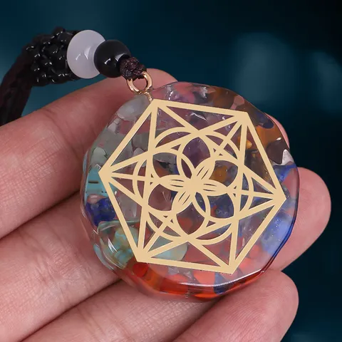 Collana con Pendente Orgonite Energia Esagono Pietra Cristallo Naturale Resina Yoga Meditazione Geometria Sacra Fiore della Vita per Donna