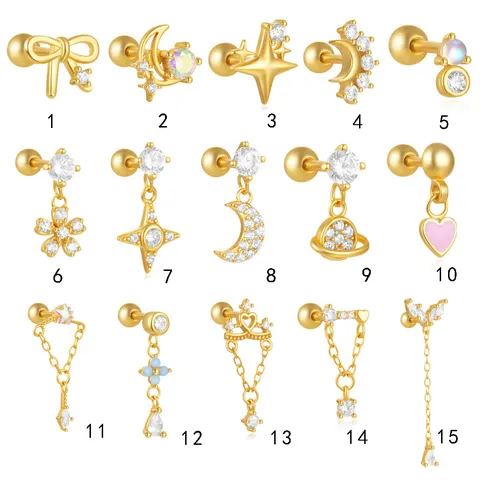 925 Sterling Silver Moon Star Screw Back Stud Earrings Zirconia Cartilage Piercing Jewelry For Women Men Celestial Earrings