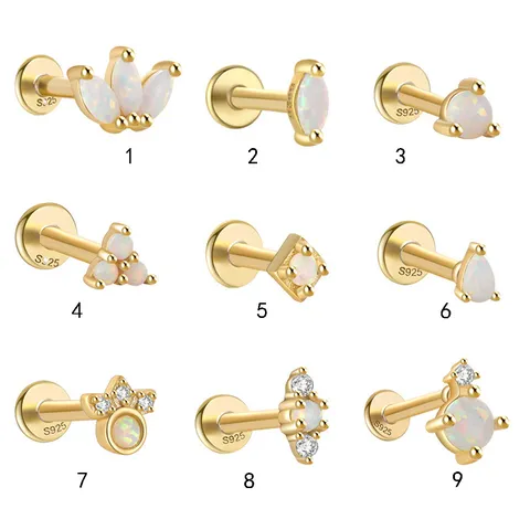 925 Sterling Silver Opal Flat Back Piercing Stud Earrings Flower Heart Geometric Tragus Helix Cartilage Jewelry For Women
