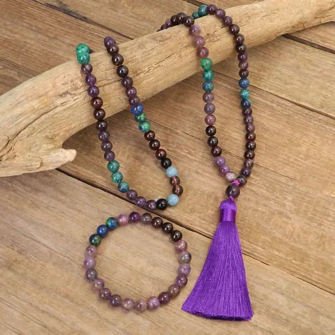 Conjunto de Collar y Pulsera de Piedra Natural Amatista Granate Lapis Mala Cuentas Borla Púrpura Joyería Yoga Meditación Mujer