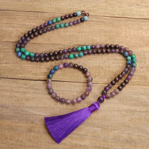 Conjunto de Collar y Pulsera de Piedra Natural Amatista Granate Lapis Mala Cuentas Borla Púrpura Joyería Yoga Meditación Mujer