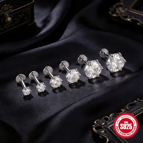 925 Sterling Silver Moissanite Stud Earring Six Prong Inlaid Moissanite Labret Earring With GRA Certificate Screw Back Piercing Jewelry For Unisex
