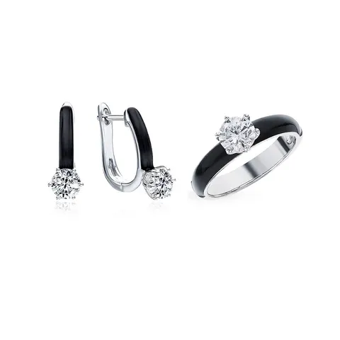 S925 Sterling Silber Schwarz Emaille Schmuckset Runder Zirkonia Eingelegte Creolen Ring Für Damen Leichtes Luxus Design Modeschmuck