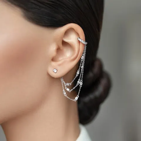 925 Sterling Silver Earring With Zirconia Inlaid Asymmetric Long Tassel Ear Cuff And Stud Earrings For Women Fashion Jewelry