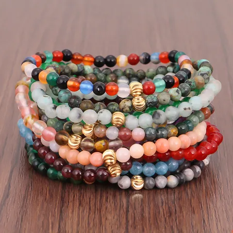 Naturstein Perlen Armband Mit Gold Kupfer Perle Für Herren Damen Böhmisch Kristall Achat 4mm Elastisches Armband