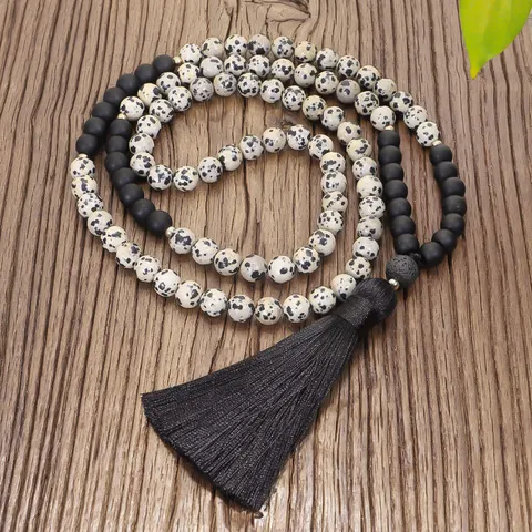 Jaspe Dálmata 108 Cuentas Mala Collar Pulsera Conjunto Yoga Meditación Borla Cadena Suéter Joyería Bohemia Para Mujer