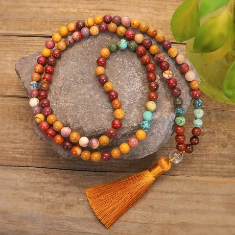 Collar de Cuentas Mala de Piedra Natural Bohemio Borla Larga Turquesa Africana Yoga Meditación Pulsera Étnica Joyería