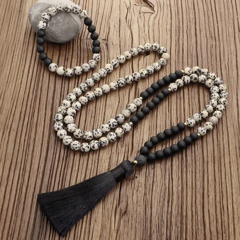 Jaspe Dálmata 108 Cuentas Mala Collar Pulsera Conjunto Yoga Meditación Borla Cadena Suéter Joyería Bohemia Para Mujer
