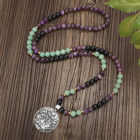 Collar con Colgante de Loto de Amatista y Aventurina Verde Yoga Meditación Mala Cuentas Collar Largo y Pulsera Unisex