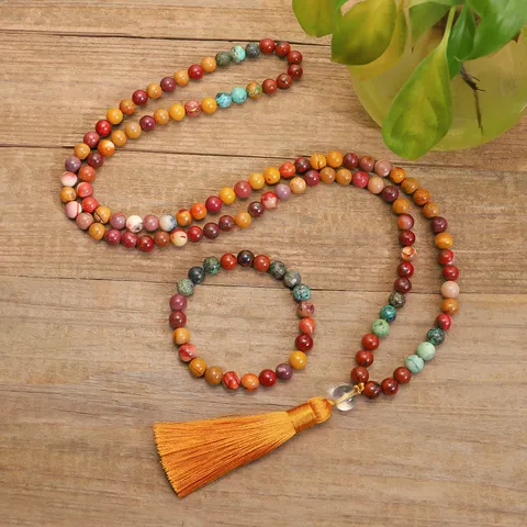 Collar de Cuentas Mala de Piedra Natural Bohemio Borla Larga Turquesa Africana Yoga Meditación Pulsera Étnica Joyería