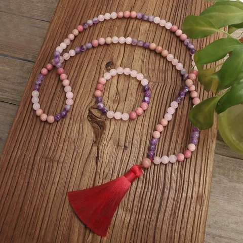 Juego de Collar y Pulsera con Borla Larga Mala de Cuentas Redondas de Piedra Natural Cuarzo Rosa Amatista Cristales de Meditación Joyería de Yoga