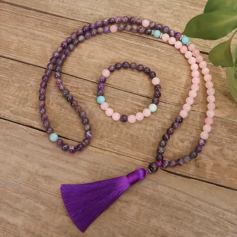 Conjunto Collar Mala Amatista Natural Cuarzo Rosa Amazonita Cuentas Yoga Borla Para Meditación Zen Étnico Joyería Pulsera Mujer Hombre