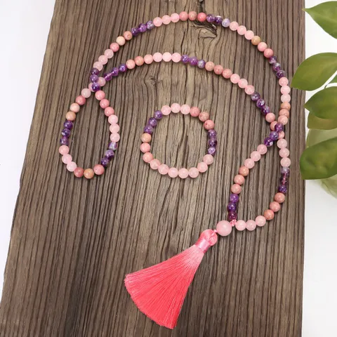 Collar Y Brazalete Mala de Cuarzo Rosa Y Amatista Con Borla Rosa Joyería de Piedra de Sanación para Yoga Meditación Mujer Hombre Regalo