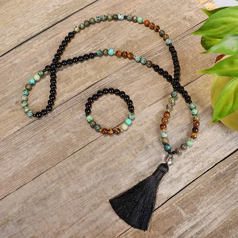 108 Cuentas de Mala de Piedra Natural Collar Borla Ojo de Tigre Turquesa Africana Yoga Meditación Pulsera Set Unisex
