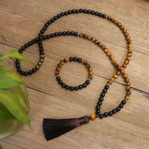 Tigerauge Mala Halskette Armband Mit Quaste Handgefertigte Yoga Meditation Ethnische Naturstein Gebetsperlen Schmuck Für Damen Herren