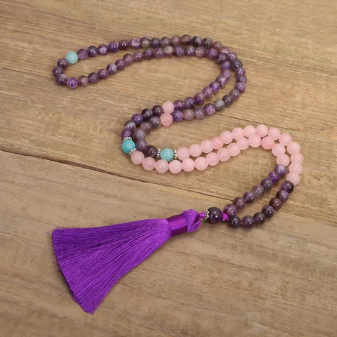Conjunto Collar Mala Amatista Natural Cuarzo Rosa Amazonita Cuentas Yoga Borla Para Meditación Zen Étnico Joyería Pulsera Mujer Hombre