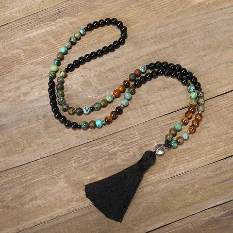 108 Cuentas de Mala de Piedra Natural Collar Borla Ojo de Tigre Turquesa Africana Yoga Meditación Pulsera Set Unisex