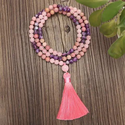 Collar Y Brazalete Mala de Cuarzo Rosa Y Amatista Con Borla Rosa Joyería de Piedra de Sanación para Yoga Meditación Mujer Hombre Regalo