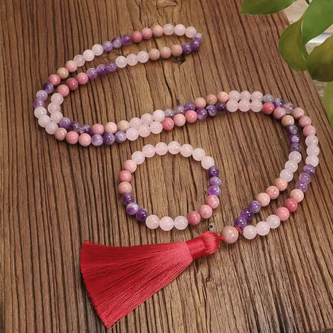 Juego de Collar y Pulsera con Borla Larga Mala de Cuentas Redondas de Piedra Natural Cuarzo Rosa Amatista Cristales de Meditación Joyería de Yoga