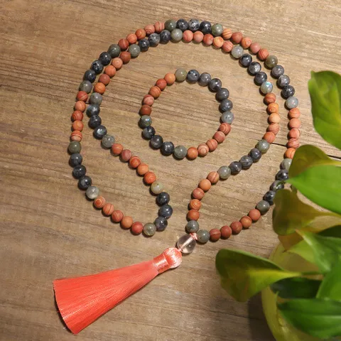 Conjunto de Collar y Pulsera de Yoga con 108 Cuentas Mala de Piedra Labradorita y Madera Estilo Bohemio con Borla de Satén