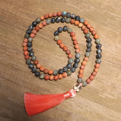 Conjunto de Collar y Pulsera de Yoga con 108 Cuentas Mala de Piedra Labradorita y Madera Estilo Bohemio con Borla de Satén
