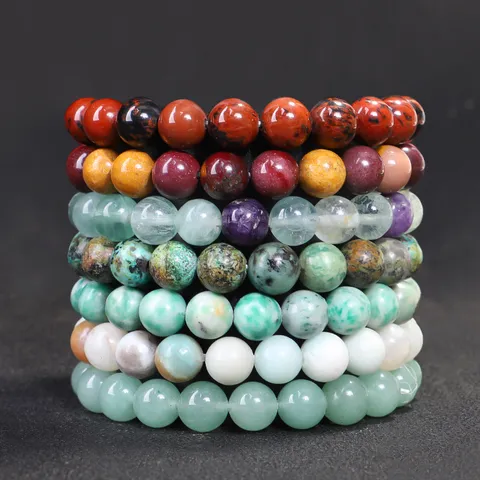 Natürlicher Stein Perlen Elastisches Armband Handgemachter Amazonit Fluorit Runde Edelsteinperlen Yoga Charm Stretch Strand Armband Schmuck Geschenk