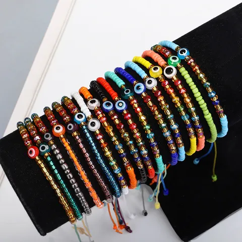 Boho Handgefertigt Gewebt Böser Blick Armband Bunte Saatperlen Strass Künstliche Perle Strang Charm Armband Für Damen Urlaub Schmuck