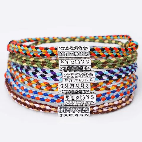 Tibetan Style Hand Woven Cotton Thread Bracelet For Men Women Ethnic Six Character Mantra Alloy Charm Adjustable Rope Bracelet Jewelry Gift