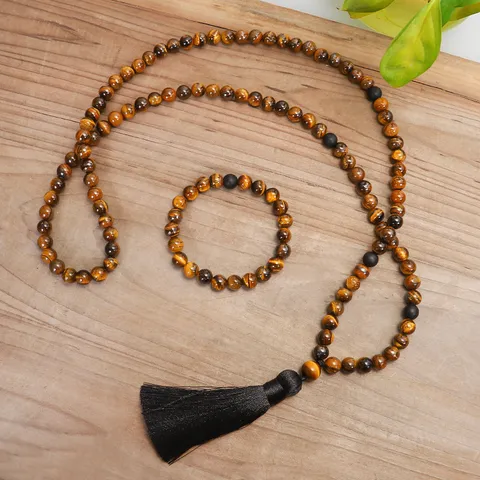 Conjunto de Collar y Pulsera de Piedra Ojo de Tigre Mala Hecho a Mano Collar Largo de Cuentas con Borla Negra Joyería de Meditación Boho