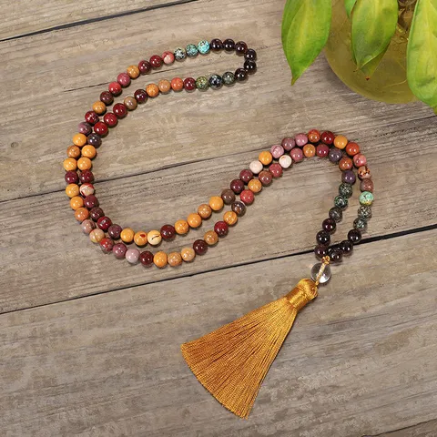 Natural Stone Mala Beads Necklace With Silk Tassel Bohemian Long Sweater Chain For Women Yoga Meditation Jewelry Gift