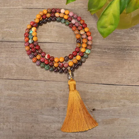 Natural Stone Mala Beads Necklace With Silk Tassel Bohemian Long Sweater Chain For Women Yoga Meditation Jewelry Gift