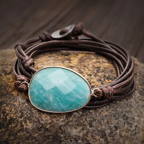 Boho Fatto a Mano Avvolgimento Multistrato Cordino Cerato Bracciale Pietra Irregolare Bordo Metallico Etnico Braccialetto Unisex