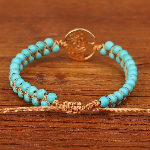Handgemaakte Geweven Turquoise Kralen Armband Roestvrij Staal Levensboom Bedel Verstelbare Yoga Wikkelarmband Etnisch Boho Sieraden Cadeau