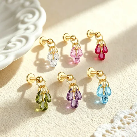 925 Sterling Silver Grape Cluster Stud Earrings Elegant Waterdrop Rhinestone Piercing Flat Back Ear Bone Nail For Women