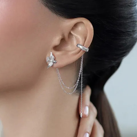 925 Sterling Silver Earring With Zirconia Inlaid Asymmetric Long Tassel Ear Cuff And Stud Earrings For Women Fashion Jewelry