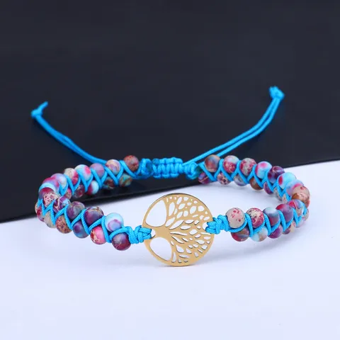 Bracciale Avvolgente a Doppio Strato in Pietra Imperiale Intrecciato a Mano Ciondolo Yoga Albero della Vita in Acciaio Inossidabile Regolabile Regalo Donna