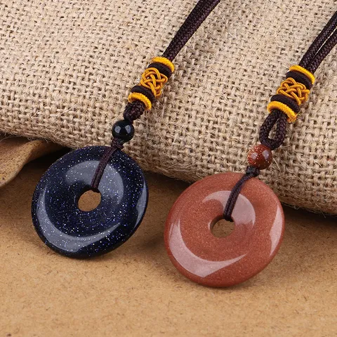 Vintage Chinesischer Stil Naturstein Ping An Kou Anhänger Halskette Handgemachte Geflochtene Seilkette Amethyst Tigerauge Kristall Donut Choker Schmuck Unisex