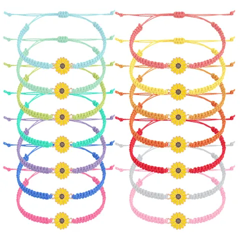 Boho Handgewebt Wachsfaden Gänseblümchen Sonnenblume Armband Für Damen Verstellbar Tropföl Floral Charm Freundschaft Handseil Schmuck Geschenk