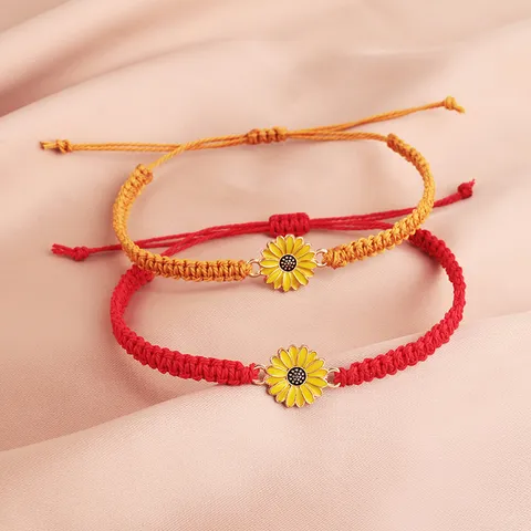 Boho Handgewebt Wachsfaden Gänseblümchen Sonnenblume Armband Für Damen Verstellbar Tropföl Floral Charm Freundschaft Handseil Schmuck Geschenk