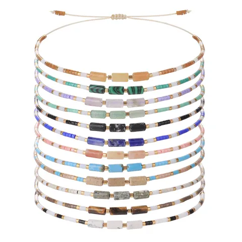 Handgemachtes Gewebtes Samenperlen Armband Für Damen Naturstein Zylinder Geometrisches Perlen Verstellbares Seil Bangle Schmuck