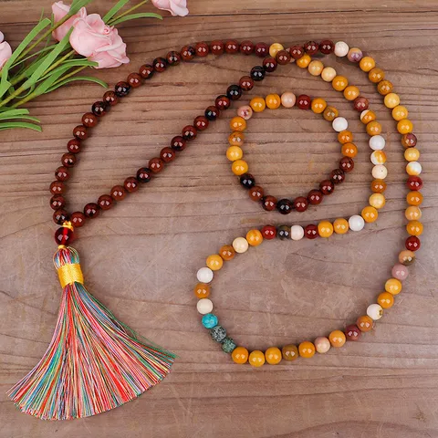 Collier Mala en Pierre Naturelle Fait Main Avec Gland Multicolore Style Ethnique Bohème Colliers de Perles de Méditation Yoga Bijoux Femme