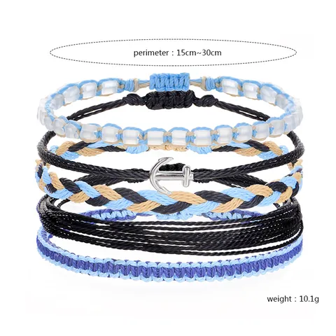 Bohemian Wax Cord Woven Bracelet Set Mixed Materials Geometric Turtle Starfish Anchor Compass Pendant Crystal Beads Hand Jewelry For Women Vacation