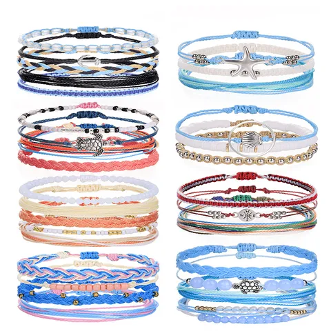 Bohemian Wax Cord Woven Bracelet Set Mixed Materials Geometric Turtle Starfish Anchor Compass Pendant Crystal Beads Hand Jewelry For Women Vacation