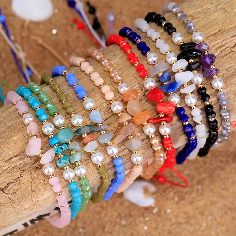 Pulsera Artesanal de Cristal Perlas Artificiales y Gravilla Cordón Ajustable Estilo Fresco Joyería para Mujer Viaje Vacaciones