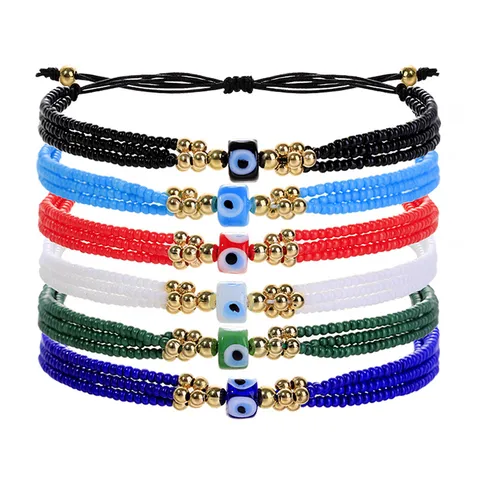 Bracelet Turc Mauvais Œil Fait Main pour Femme Perles de Rocaille Colorées Multicouches Bracelet Cordon Ciré Ajustable Bijoux Ethniques Boho Cadeau