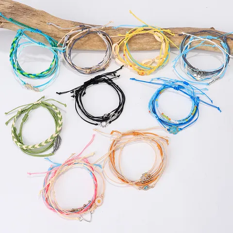 Handgefertigt Gewebt Kordel Armband Set Boho Strass Legierung Charm Perlen Verstellbar Stapelbar Armband Für Damen Urlaub Schmuck