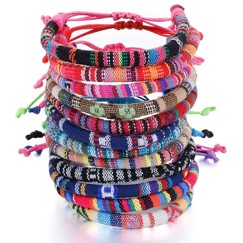 Handmade Ethnic Multicolored Woven Cotton Rope Bracelet Bohemian Geometric Floral Pattern Adjustable Cord Bracelet For Women Men